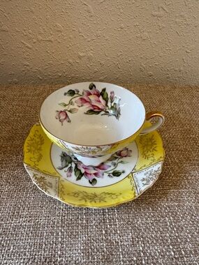 Yellow Floral Teacup and Saucer - Classic Bone China